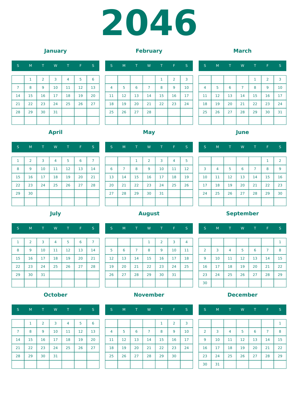 Printable 2046 Year Calendars pastel