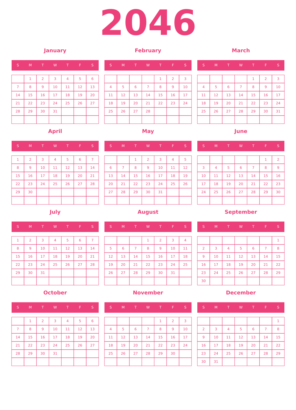 Printable 2046 Year Calendars pink