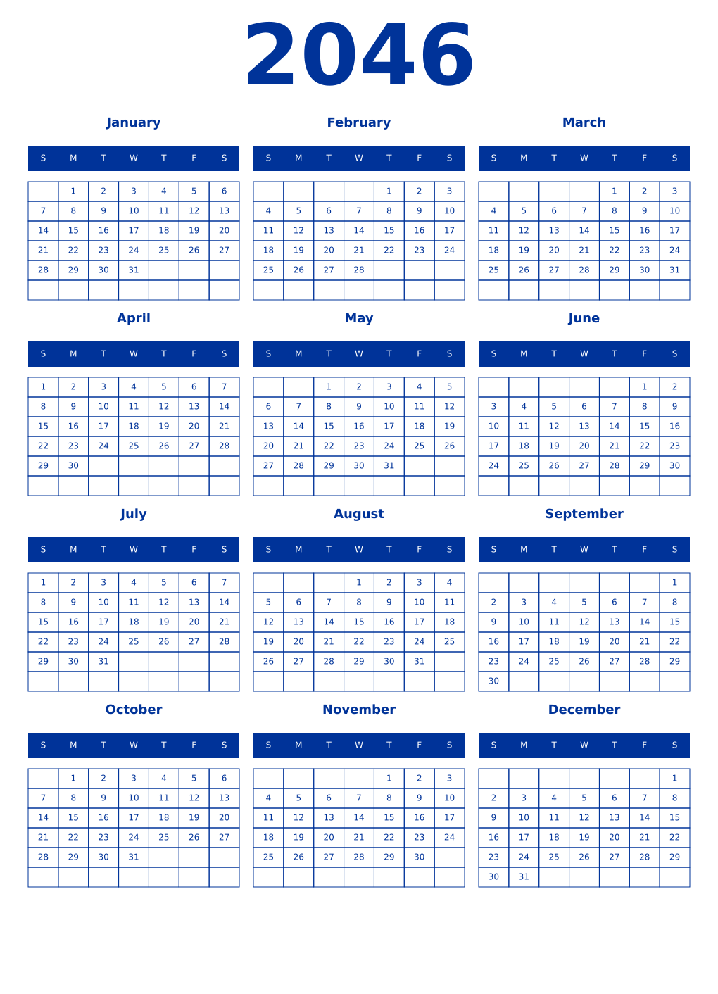 Printable 2046 Year Calendars smalt