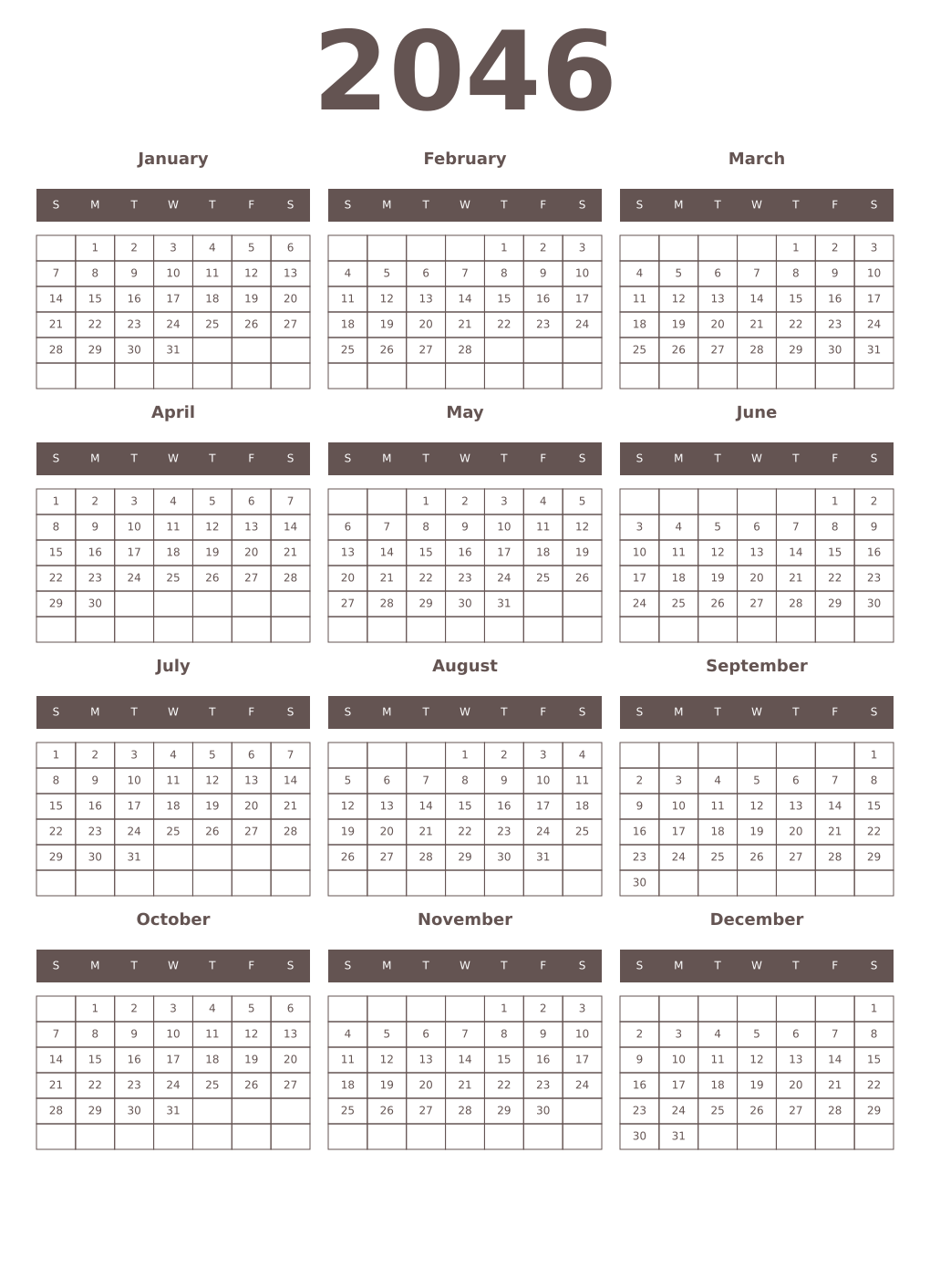 Printable 2046 Year Calendars wenge