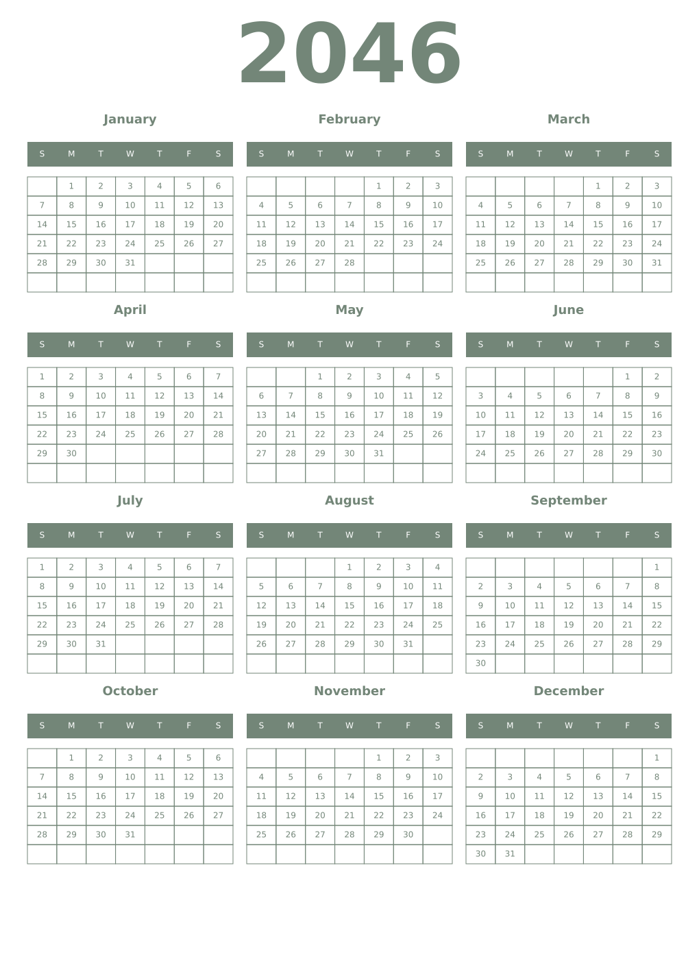 Printable 2046 Year Calendars xanadu