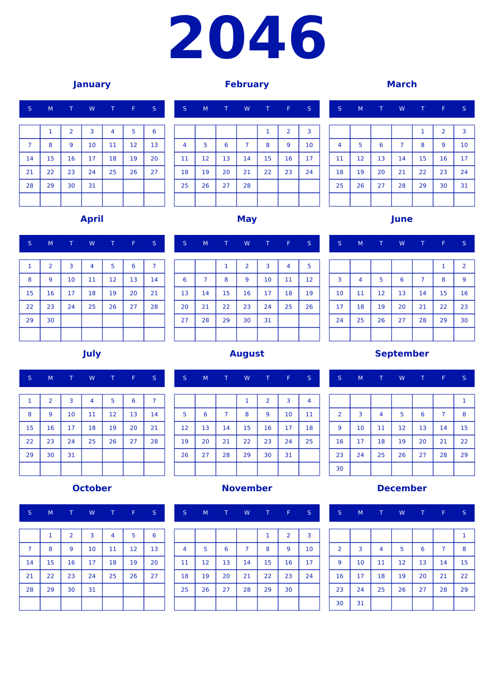 Printable 2046 Year Calendars zaffre