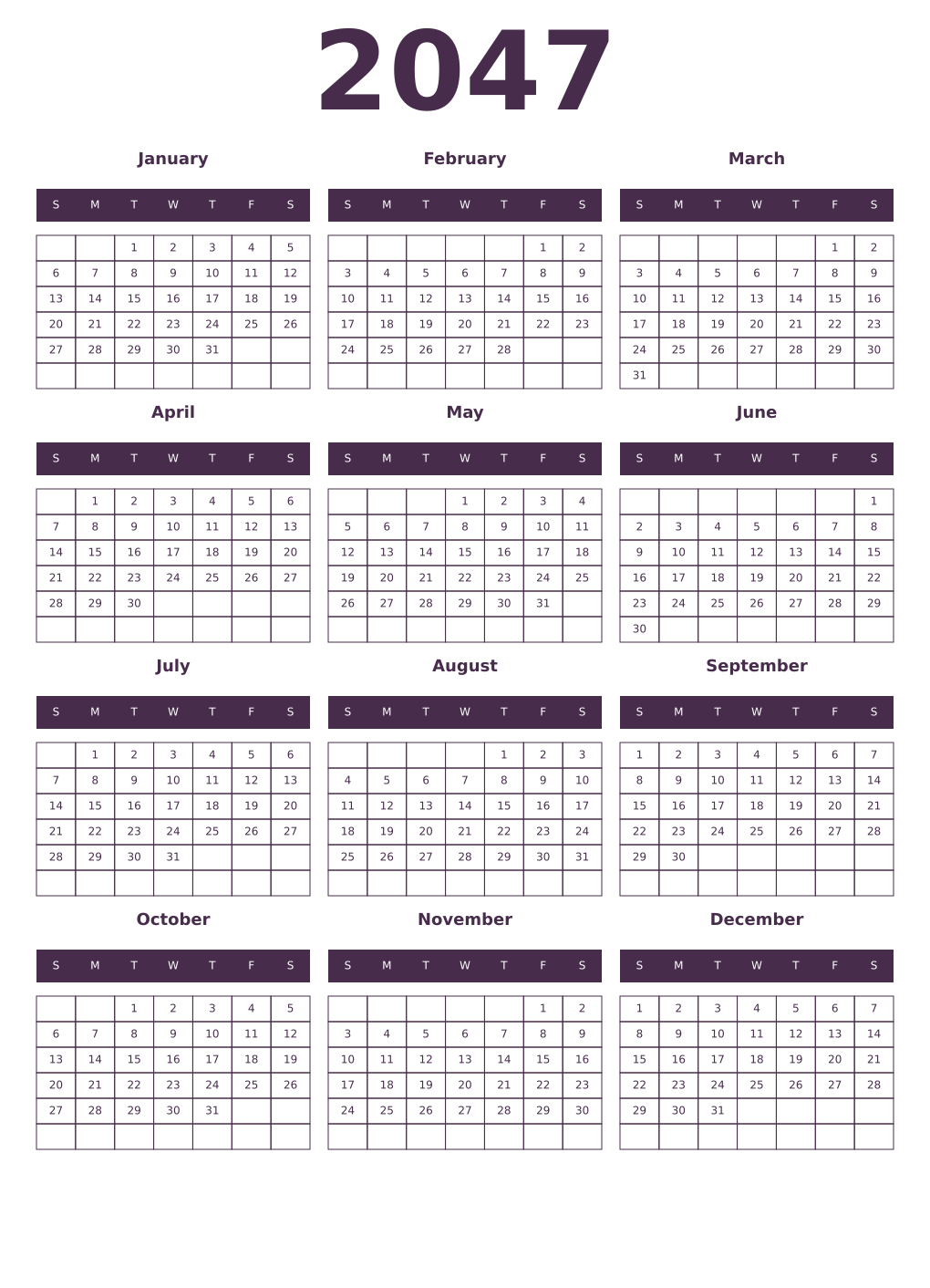 Printable 2047 Year Calendars aubergine