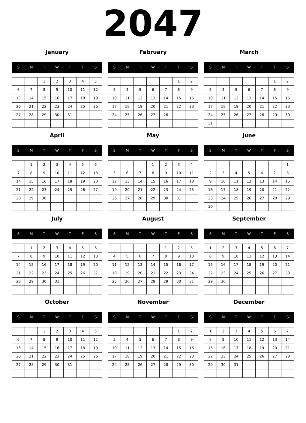 Printable 2047 Year Calendars black