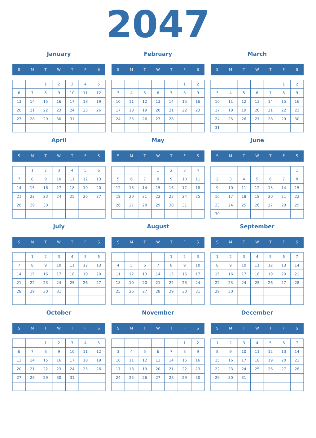 Printable 2047 Year Calendars blue