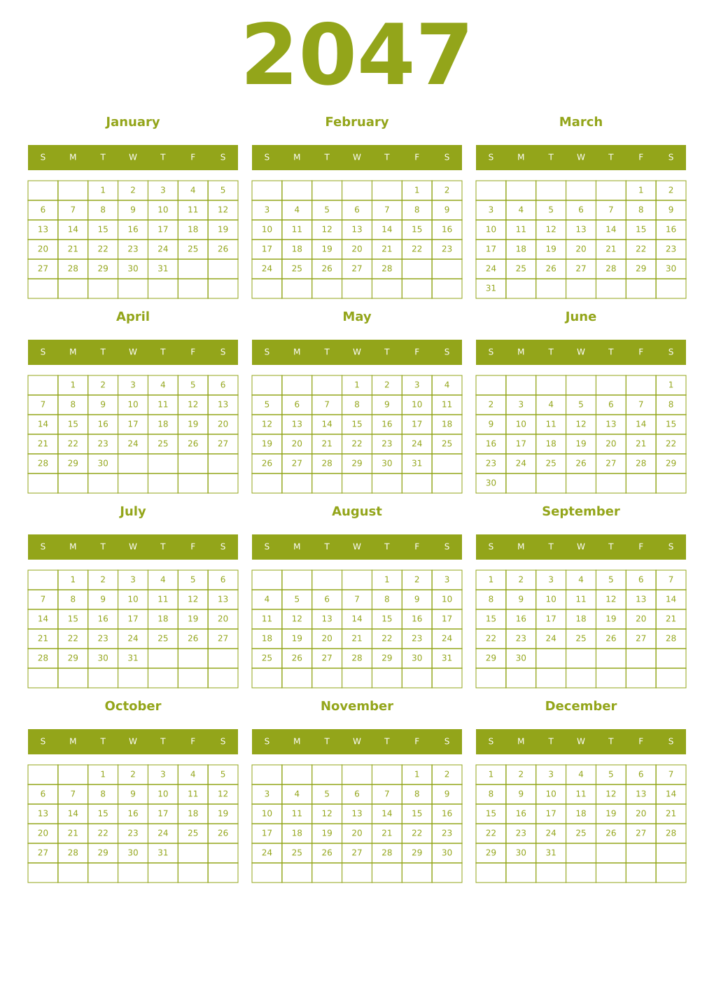 Printable 2047 Year Calendars chartreuse