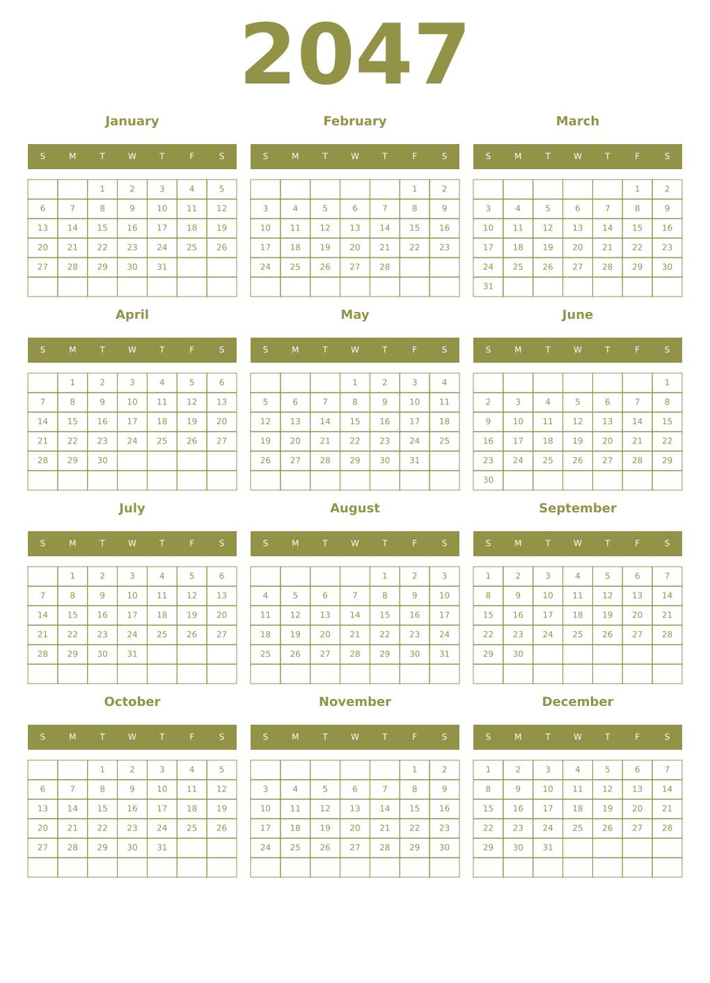 Printable 2047 Year Calendars eburnean