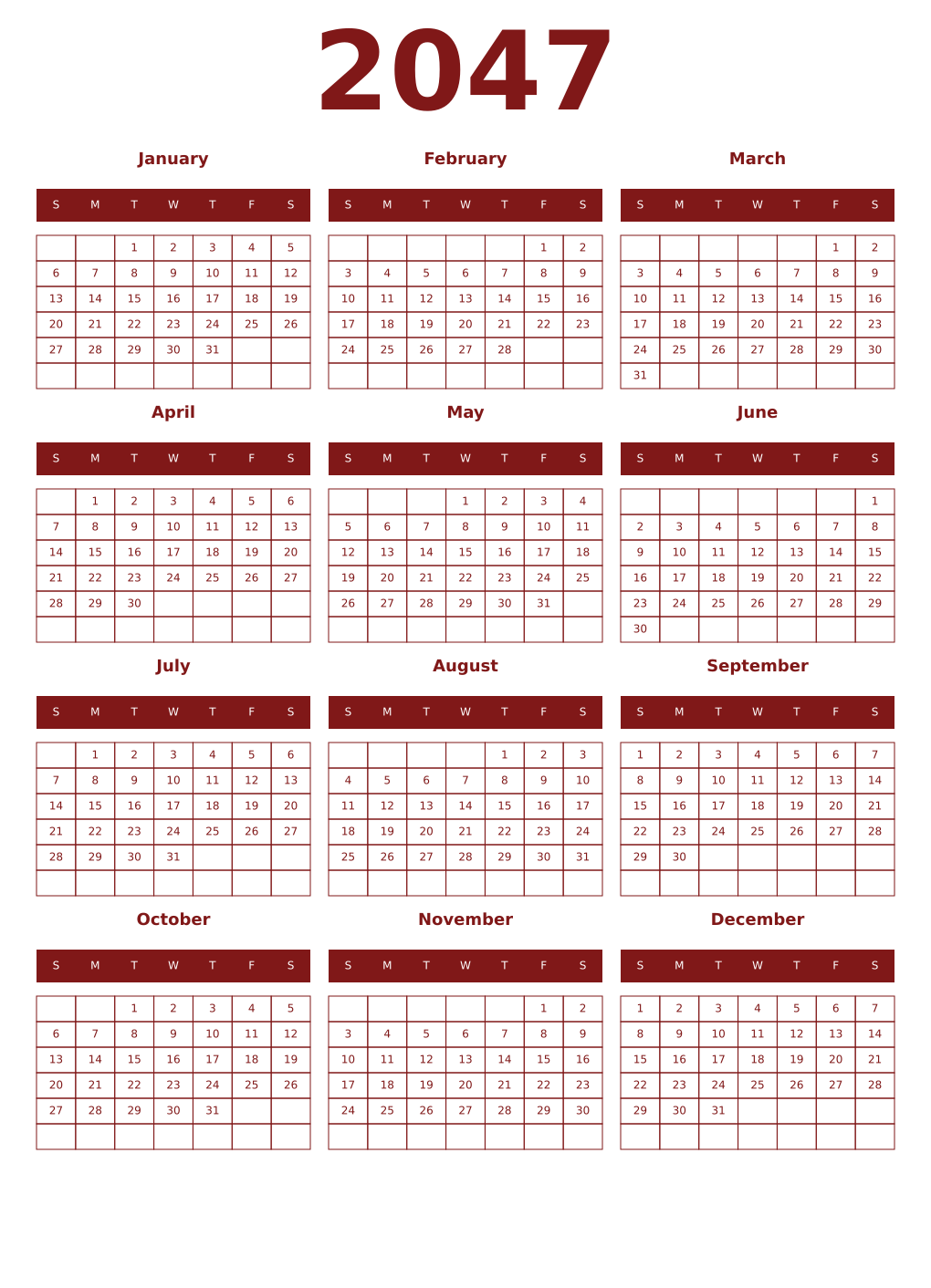 Printable 2047 Year Calendars falu