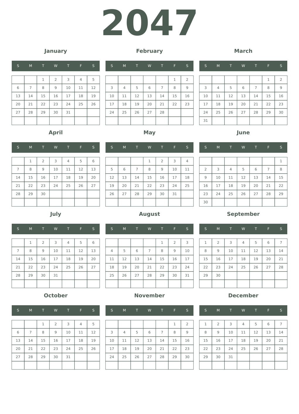 Printable 2047 Year Calendars feldgrau