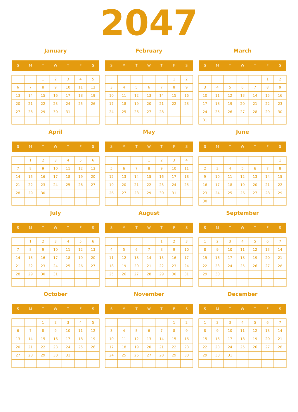 Printable 2047 Year Calendars gamboge