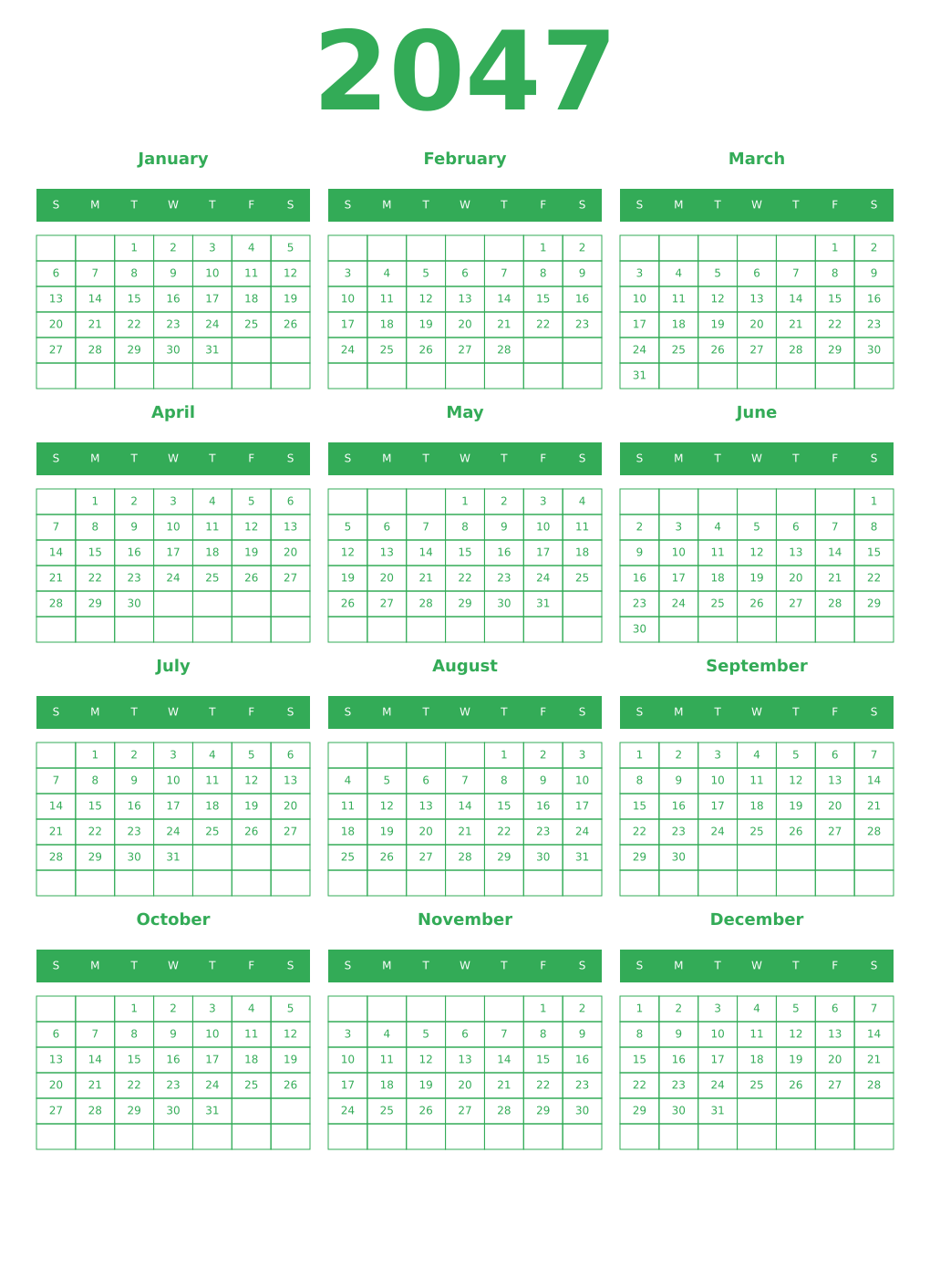 Printable 2047 Year Calendars green