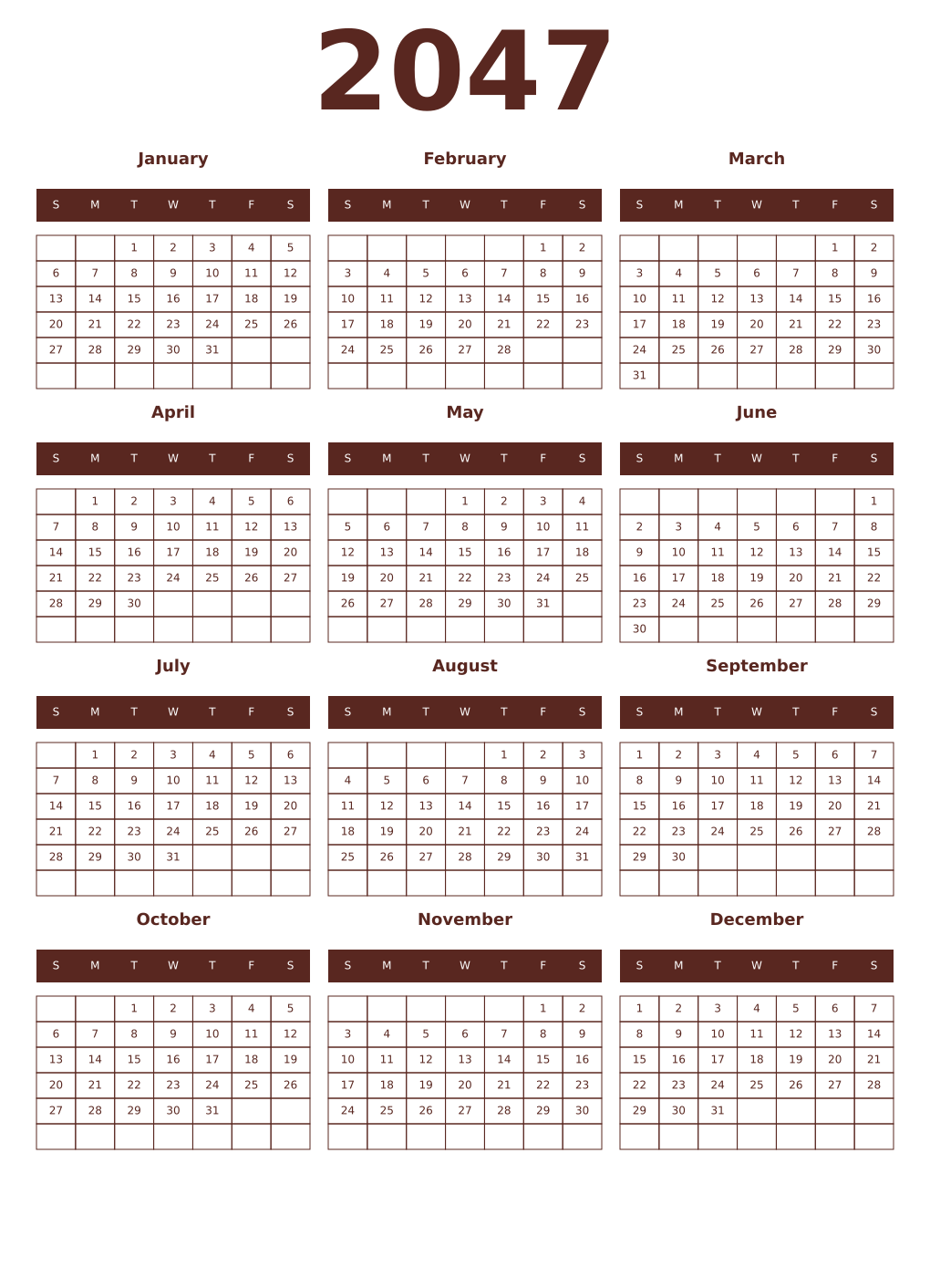Printable 2047 Year Calendars mortuum