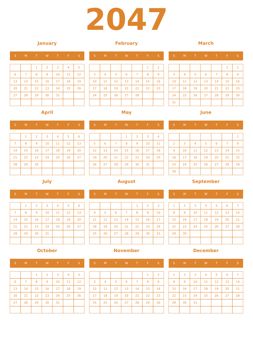 Printable 2047 Year Calendars orange