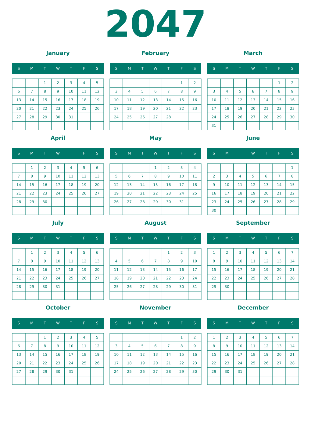 Printable 2047 Year Calendars pastel