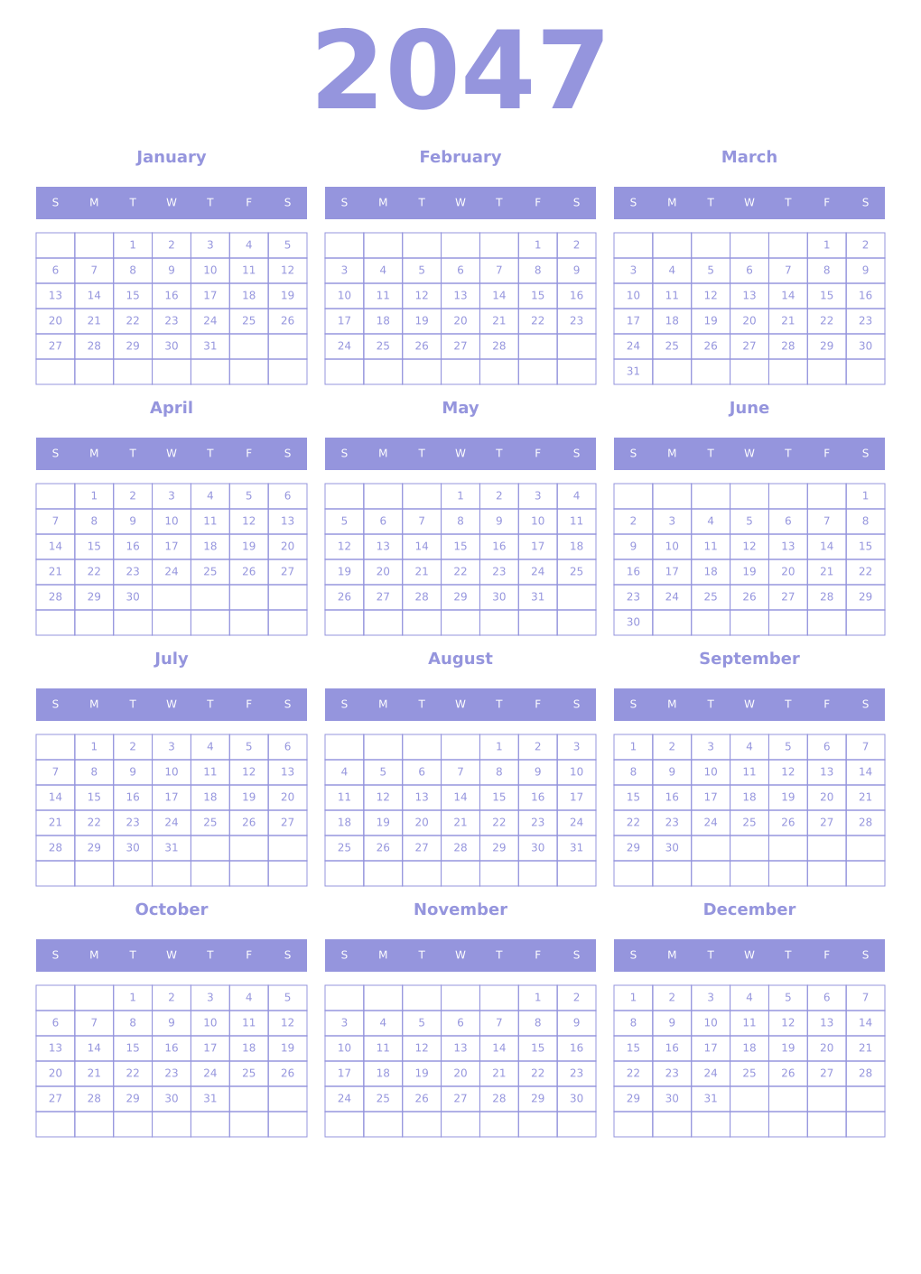 Printable 2047 Year Calendars periwinkle