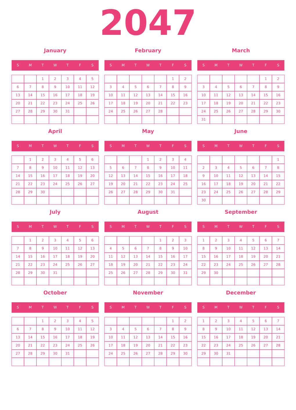 Printable 2047 Year Calendars pink