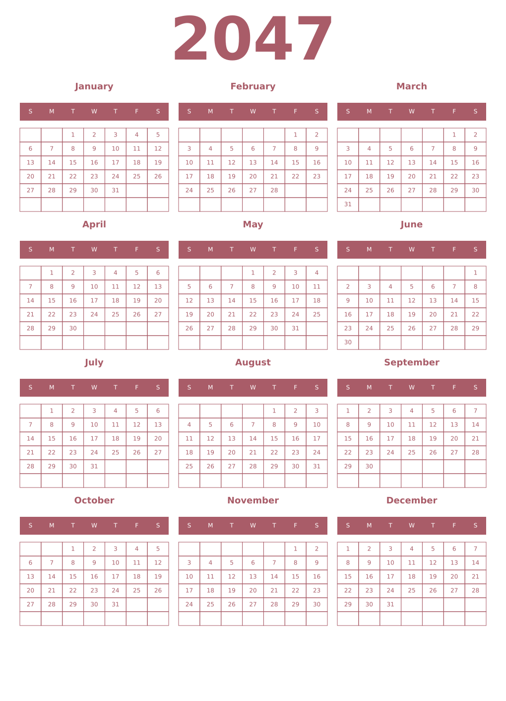 Printable 2047 Year Calendars puce