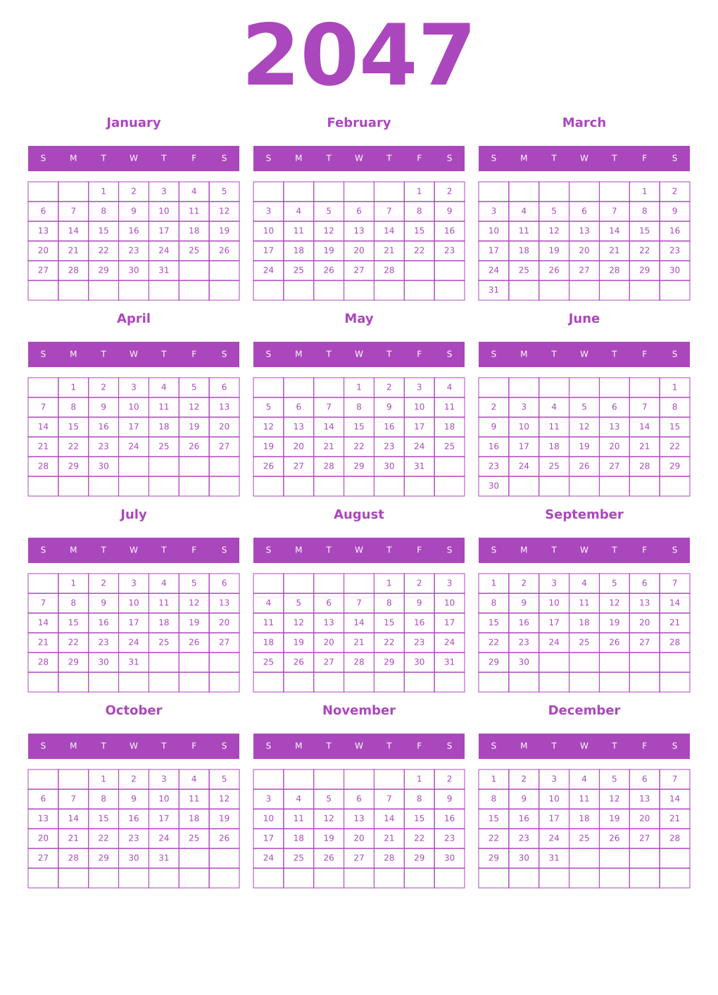 Printable 2047 Year Calendars purple