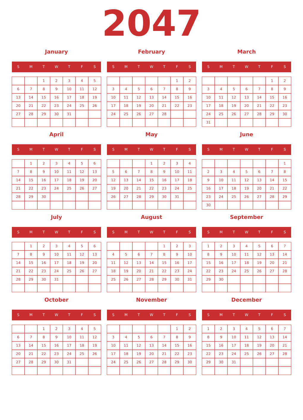 Printable 2047 Year Calendars red