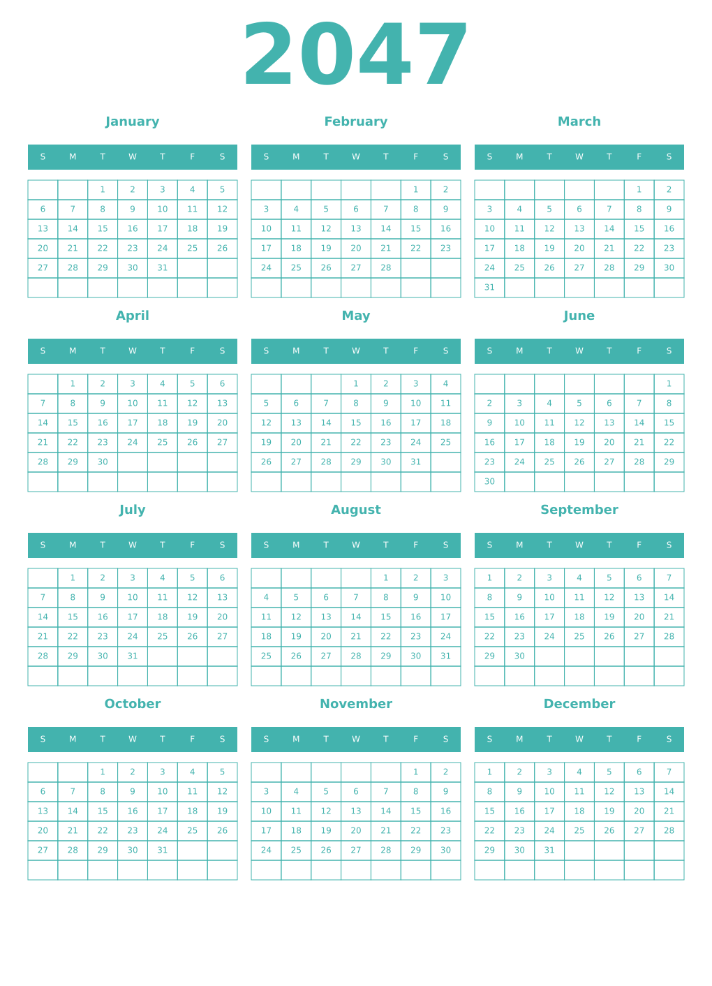 Printable 2047 Year Calendars verdigris