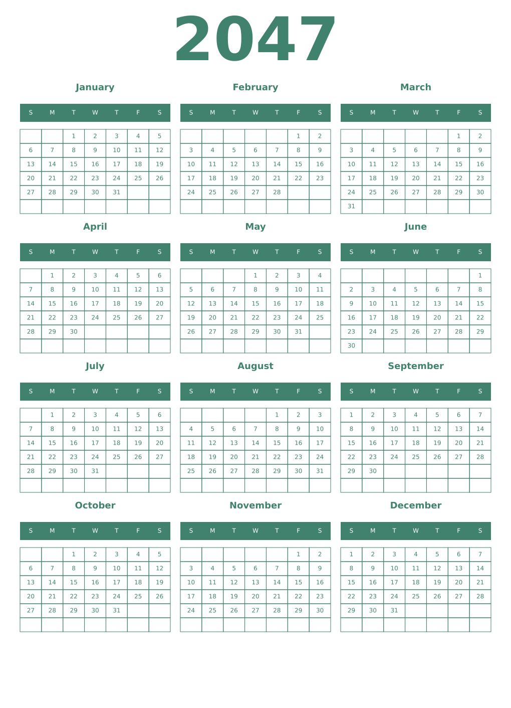 Printable 2047 Year Calendars viridian