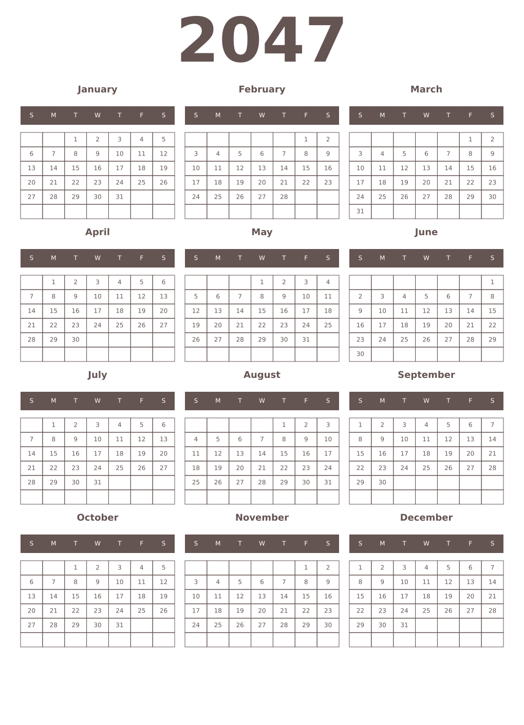 Printable 2047 Year Calendars wenge