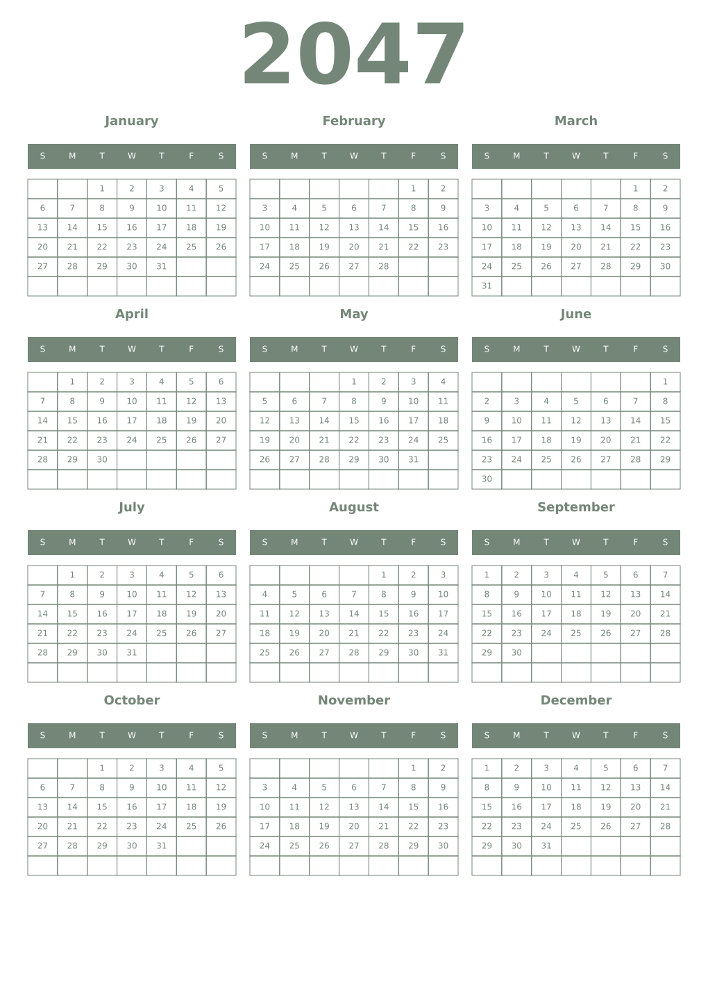 Printable 2047 Year Calendars xanadu