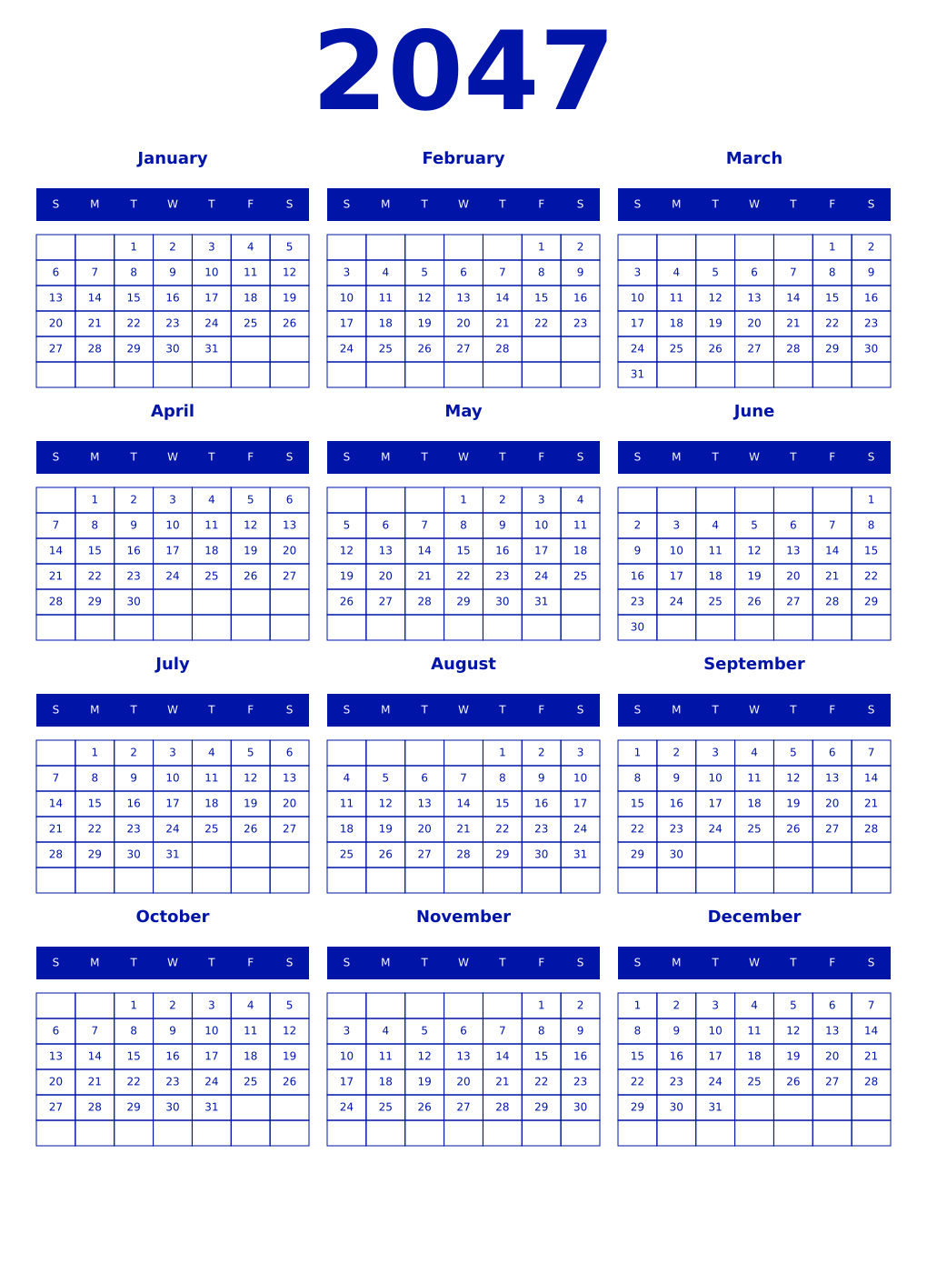 Printable 2047 Year Calendars zaffre
