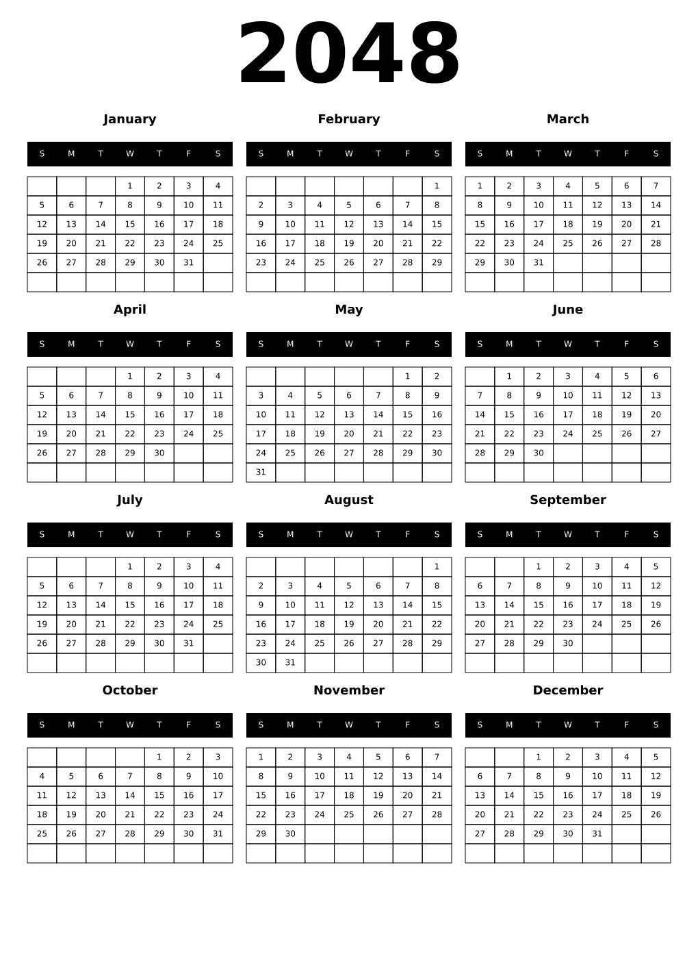 Printable 2048 Year Calendars black