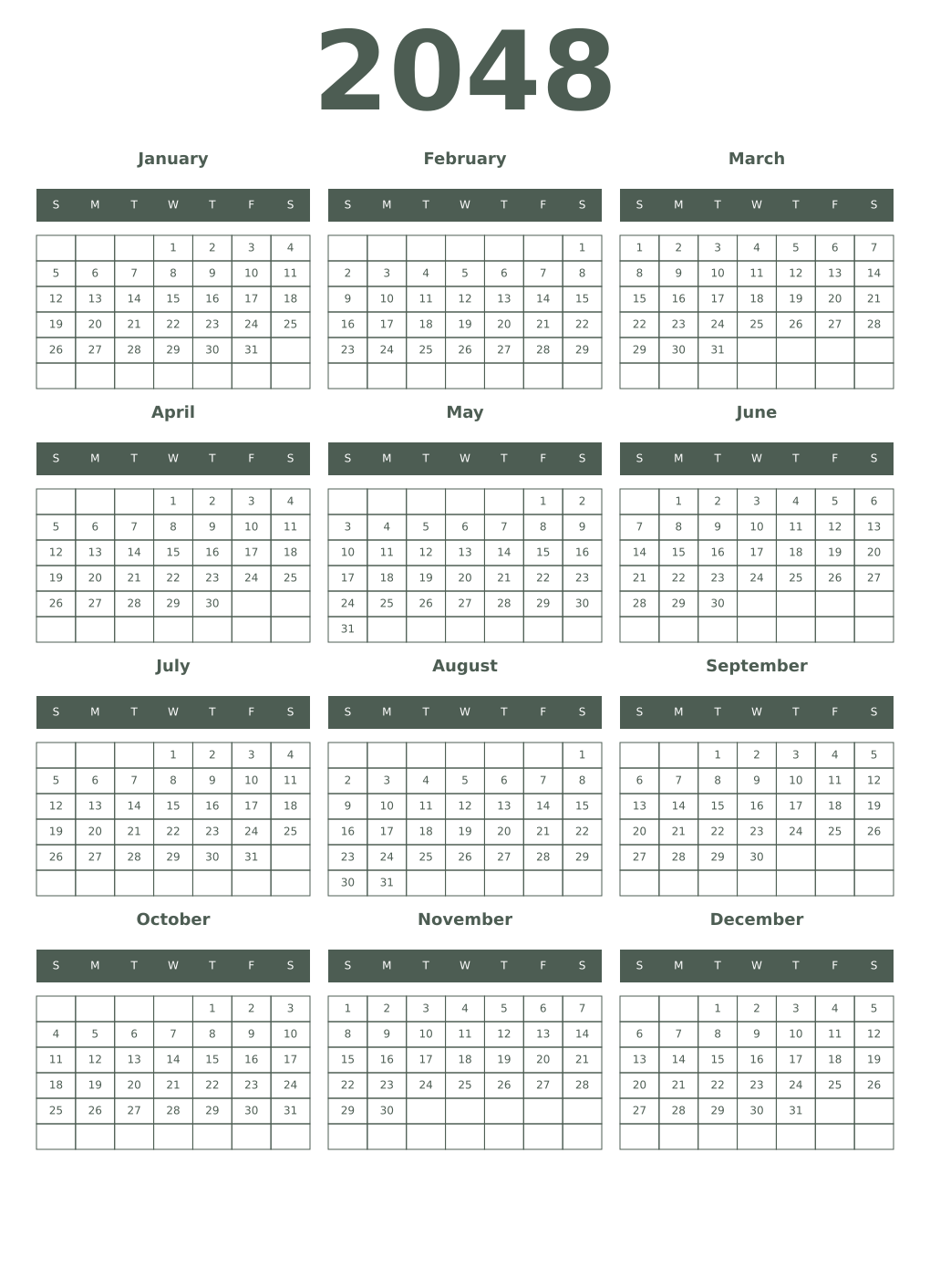 Printable 2048 Year Calendars feldgrau
