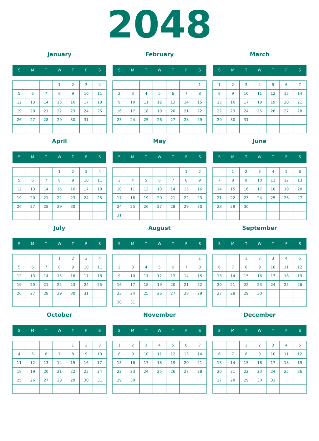 Printable 2048 Year Calendars pastel