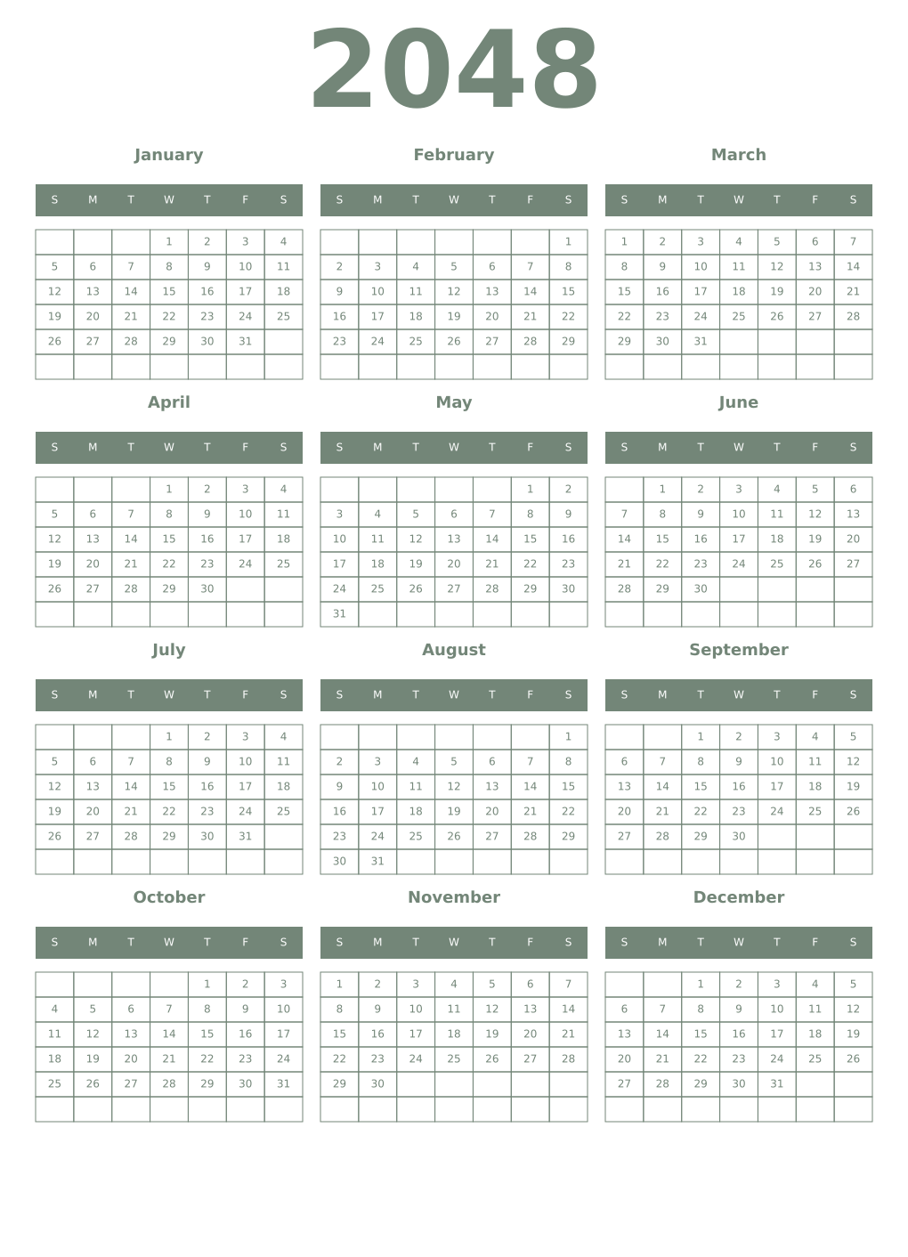 Printable 2048 Year Calendars xanadu