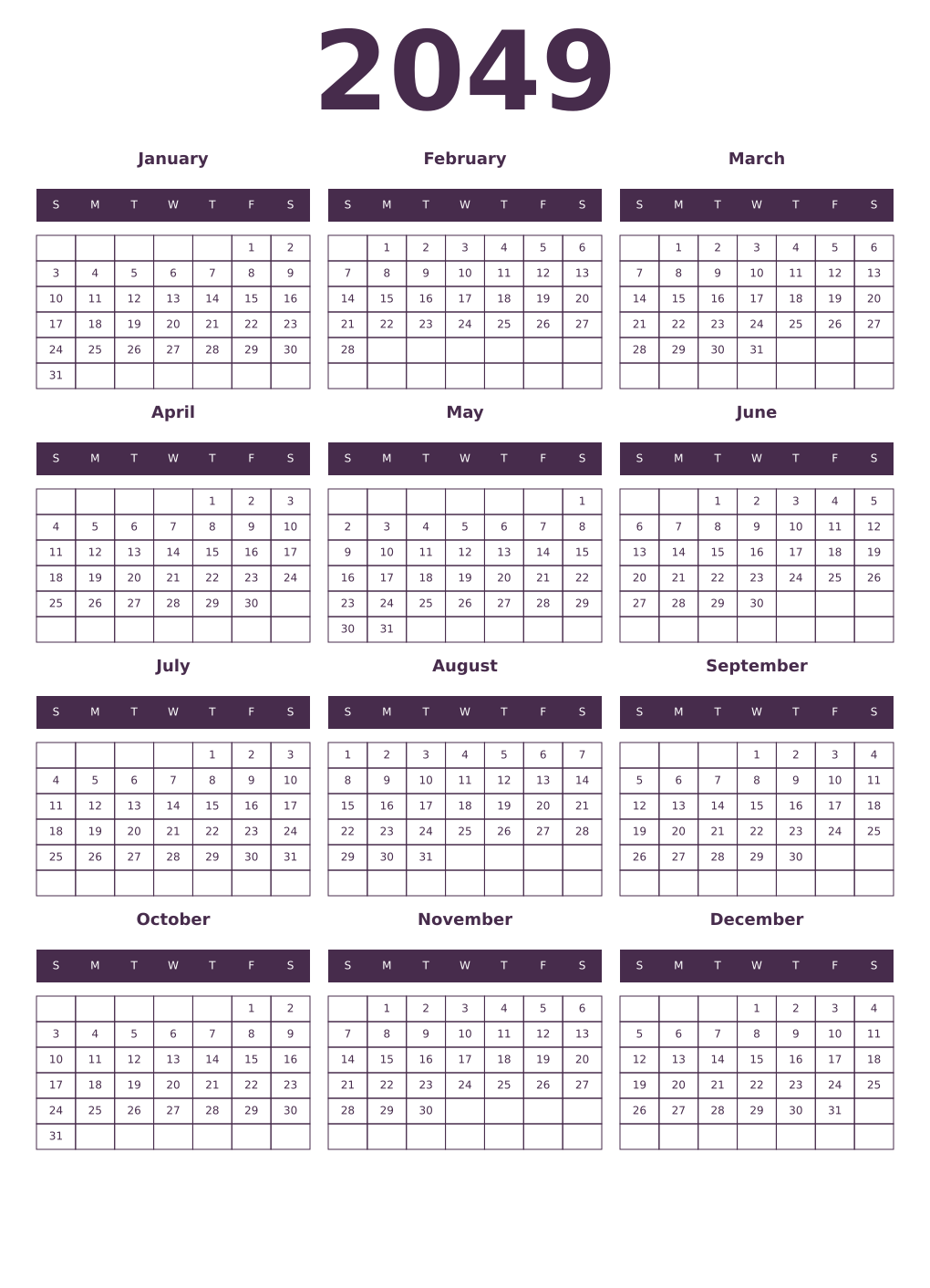 Printable 2049 Year Calendars aubergine