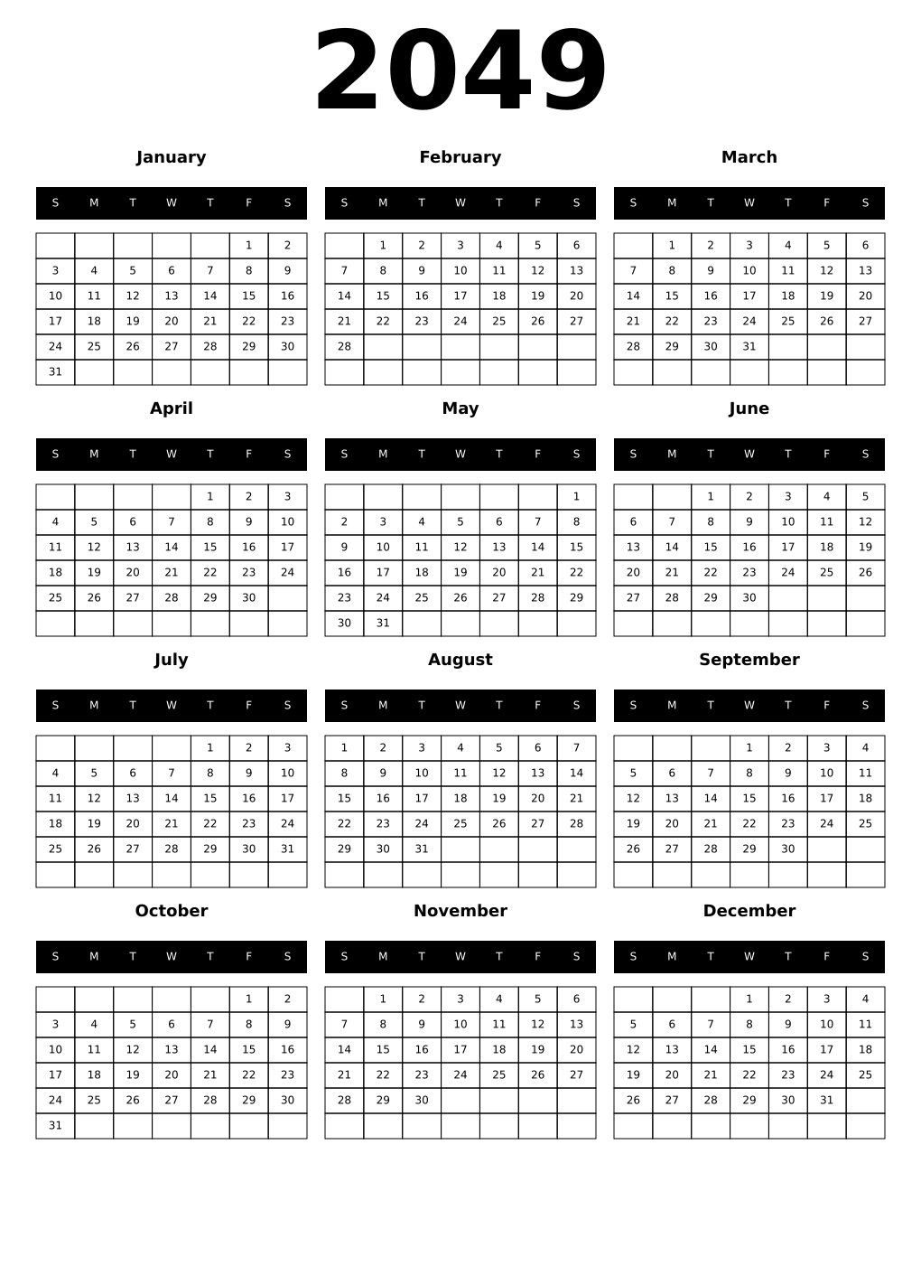 Printable 2049 Year Calendars black