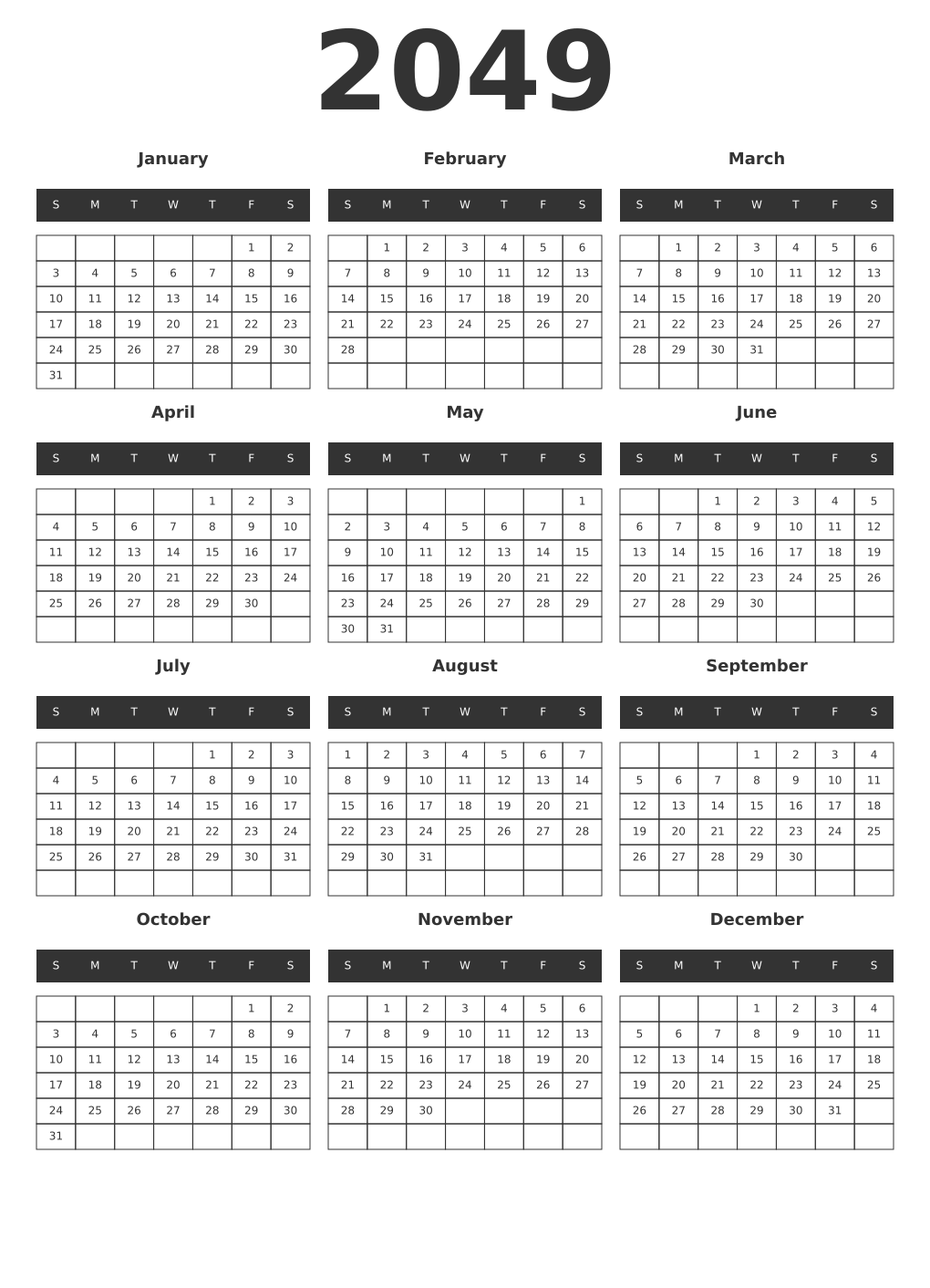 Printable 2049 Year Calendars dark