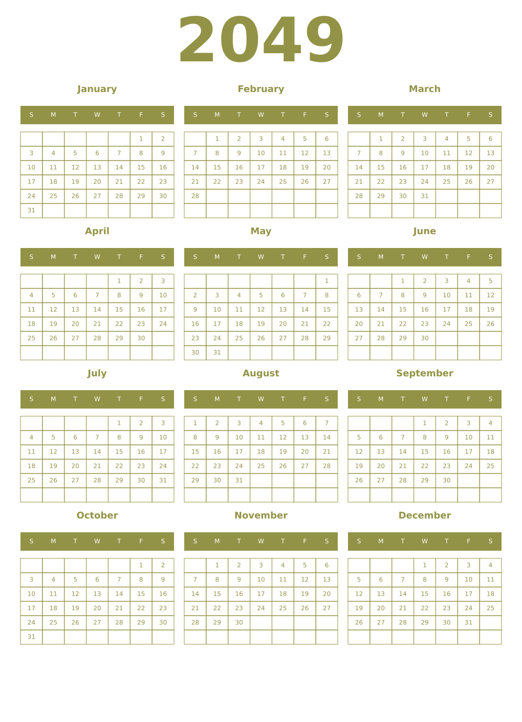 Printable 2049 Year Calendars eburnean