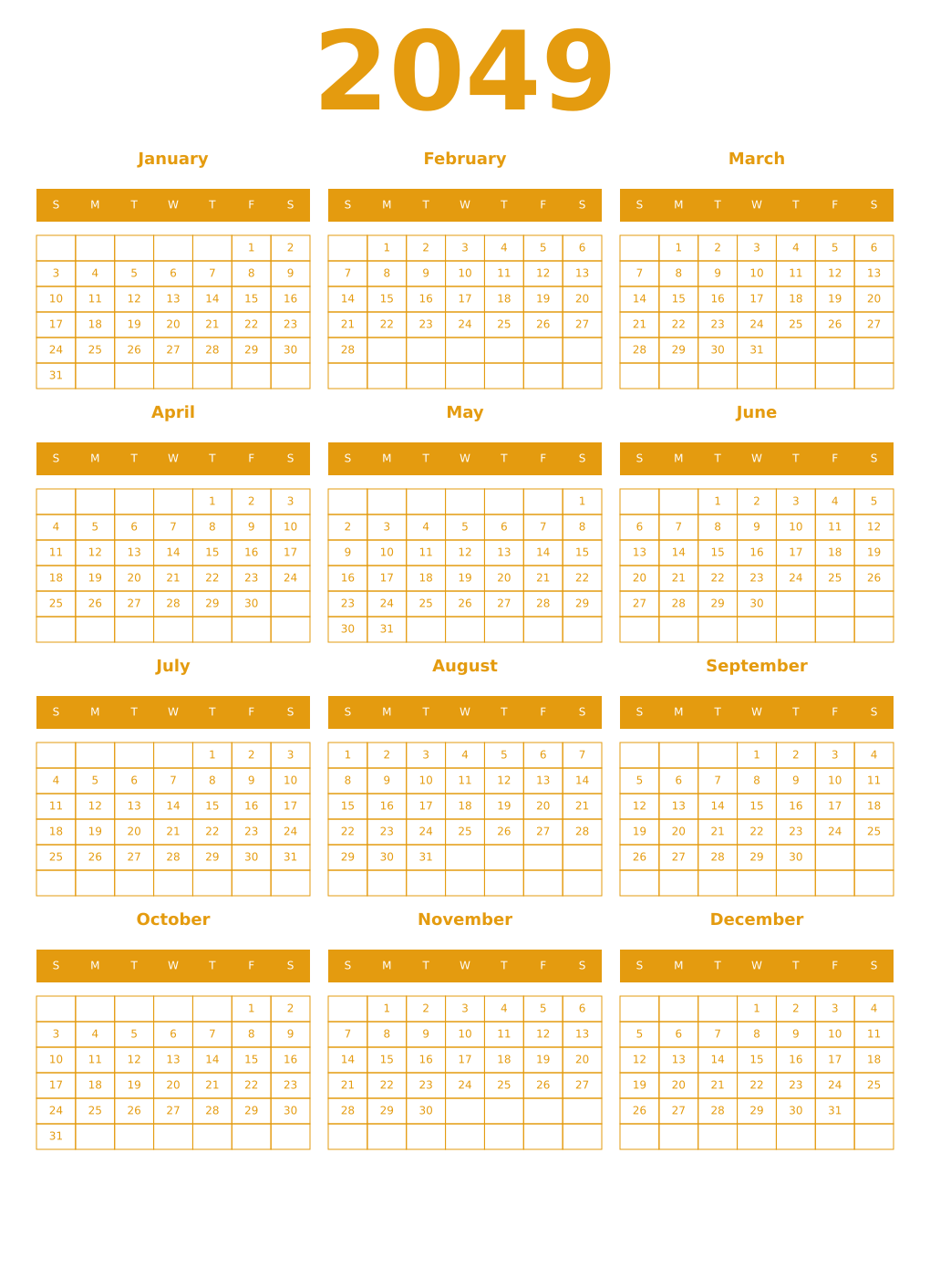 Printable 2049 Year Calendars gamboge