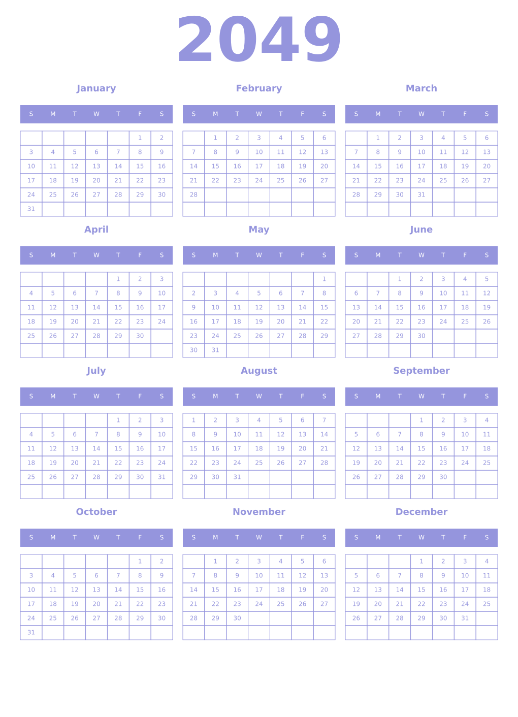 Printable 2049 Year Calendars periwinkle