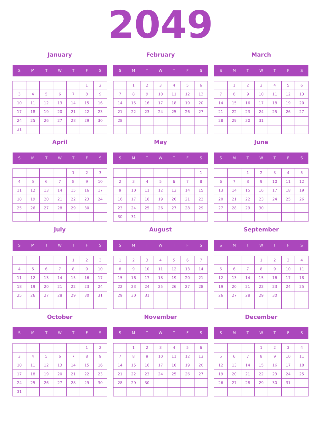 Printable 2049 Year Calendars purple