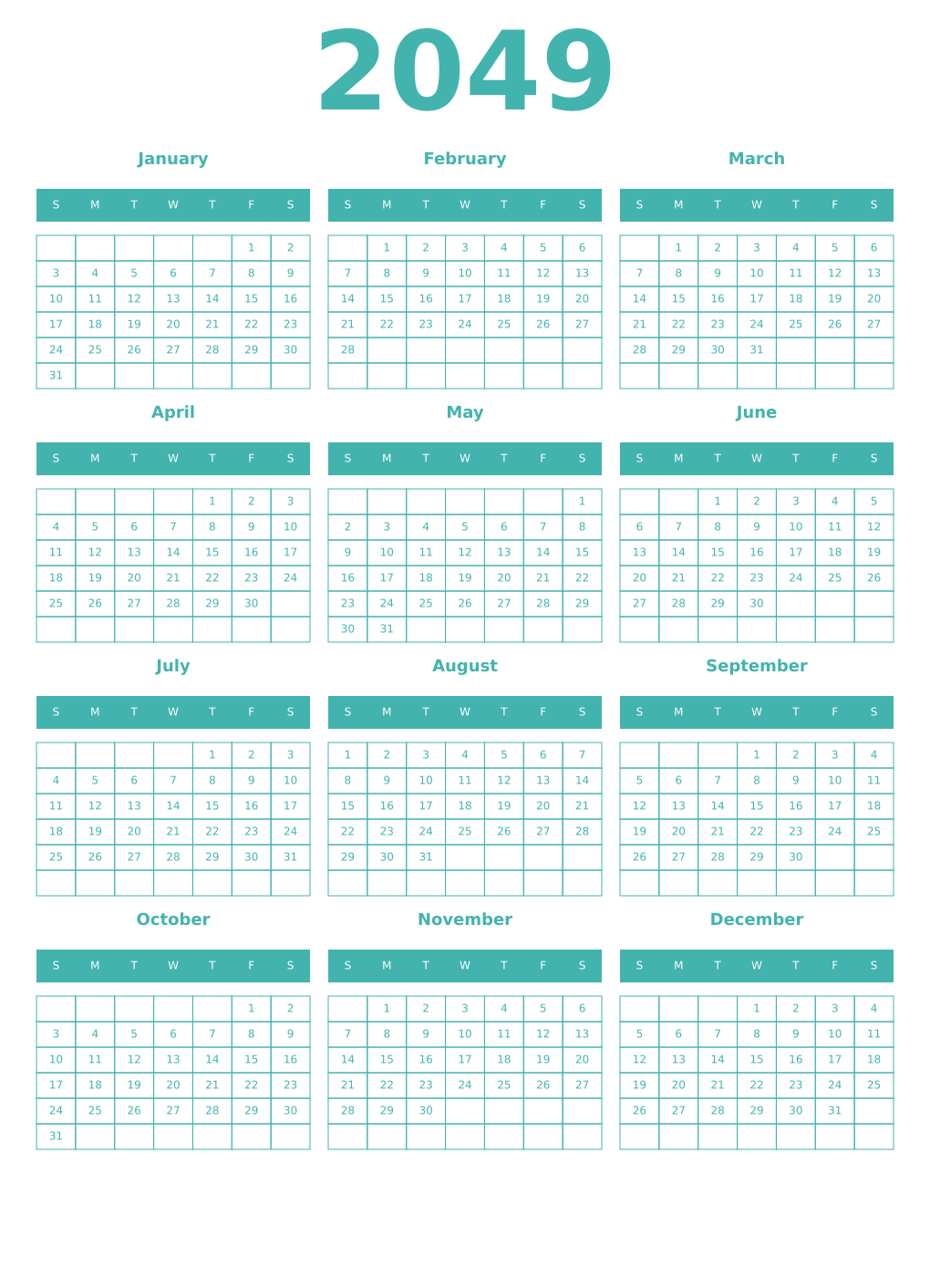 Printable 2049 Year Calendars verdigris