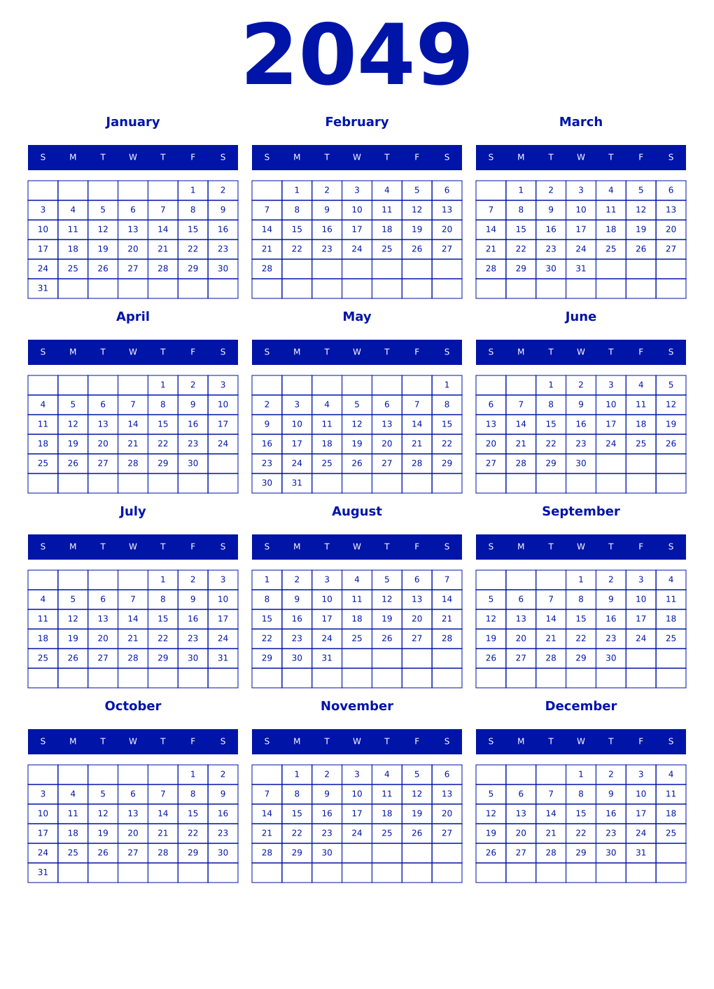 Printable 2049 Year Calendars zaffre