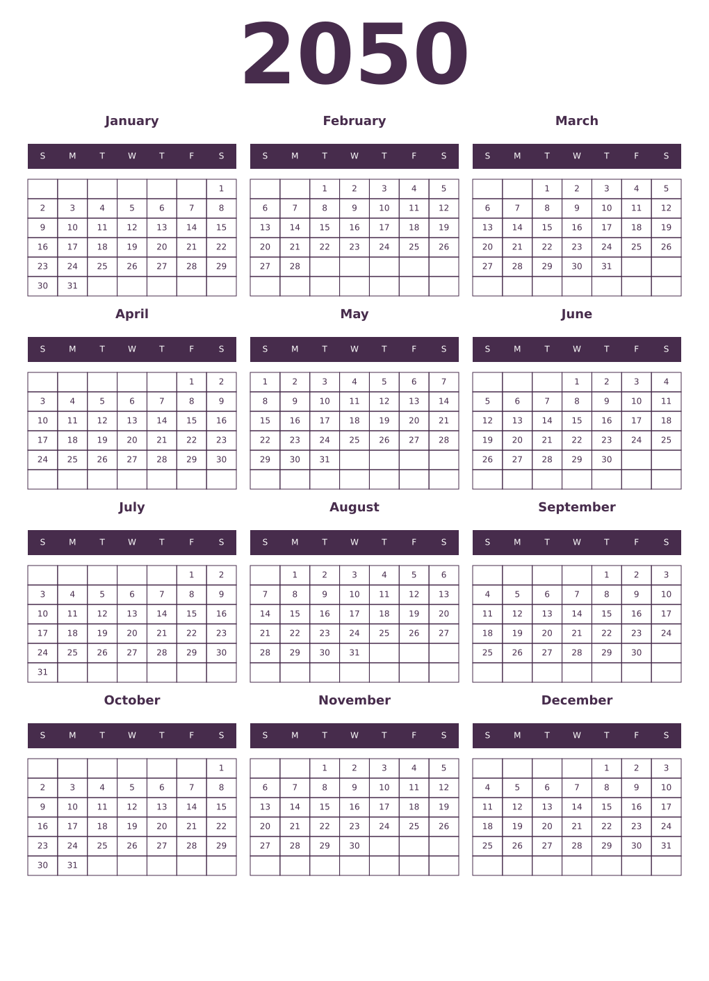 Printable 2050 Year Calendars aubergine