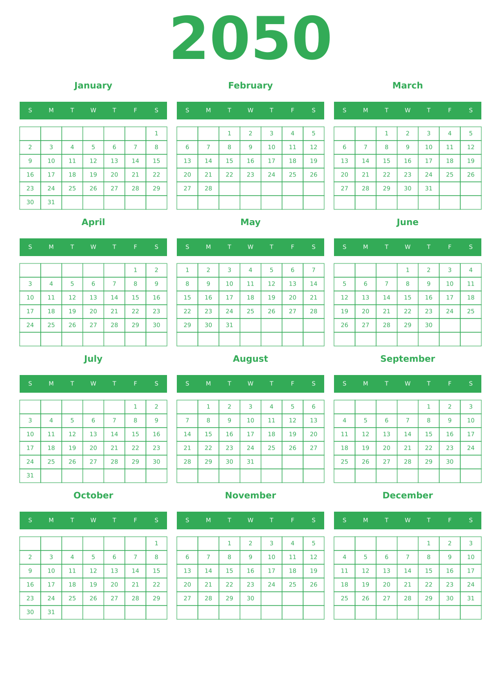 Printable 2050 Year Calendars green