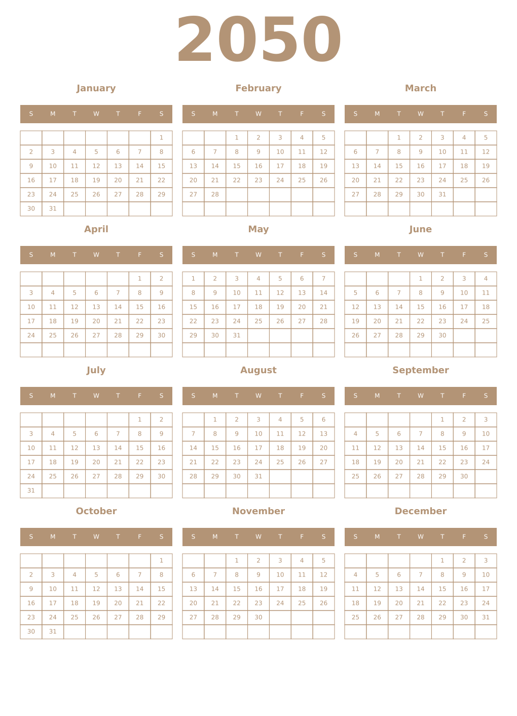 Printable 2050 Year Calendars isabelline