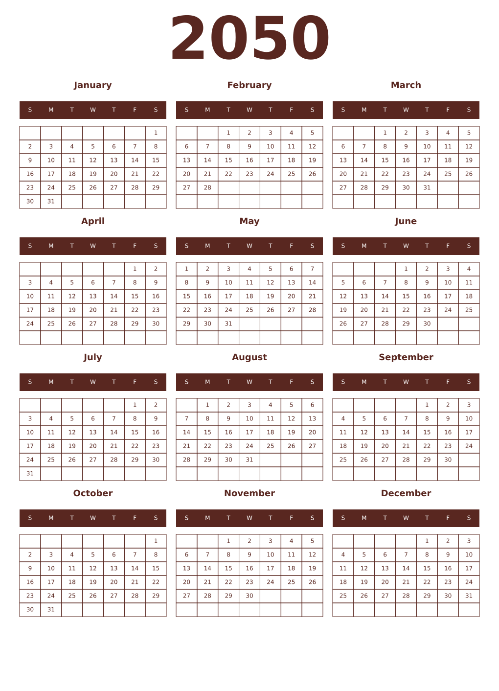 Printable 2050 Year Calendars mortuum