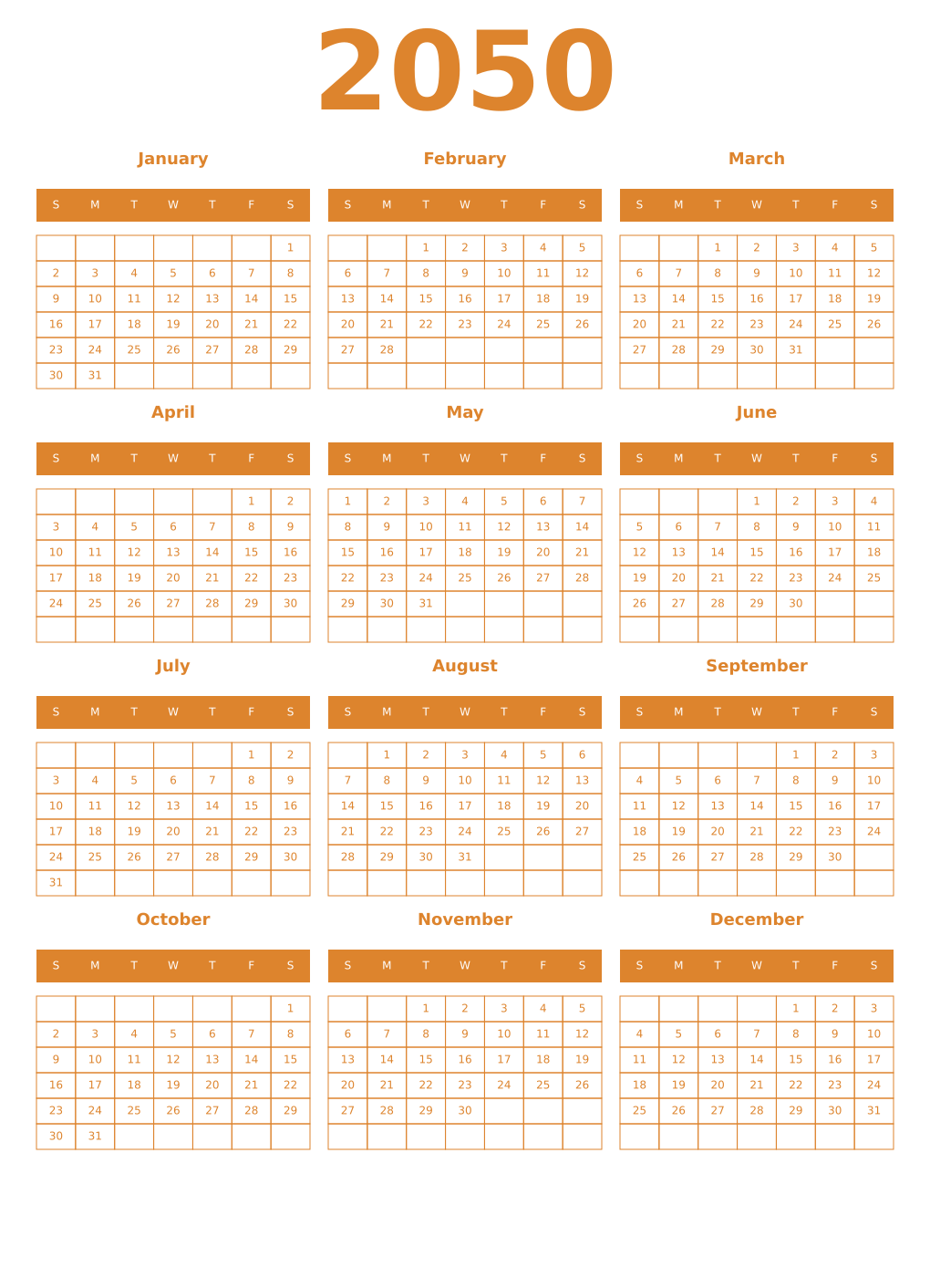 Printable 2050 Year Calendars orange