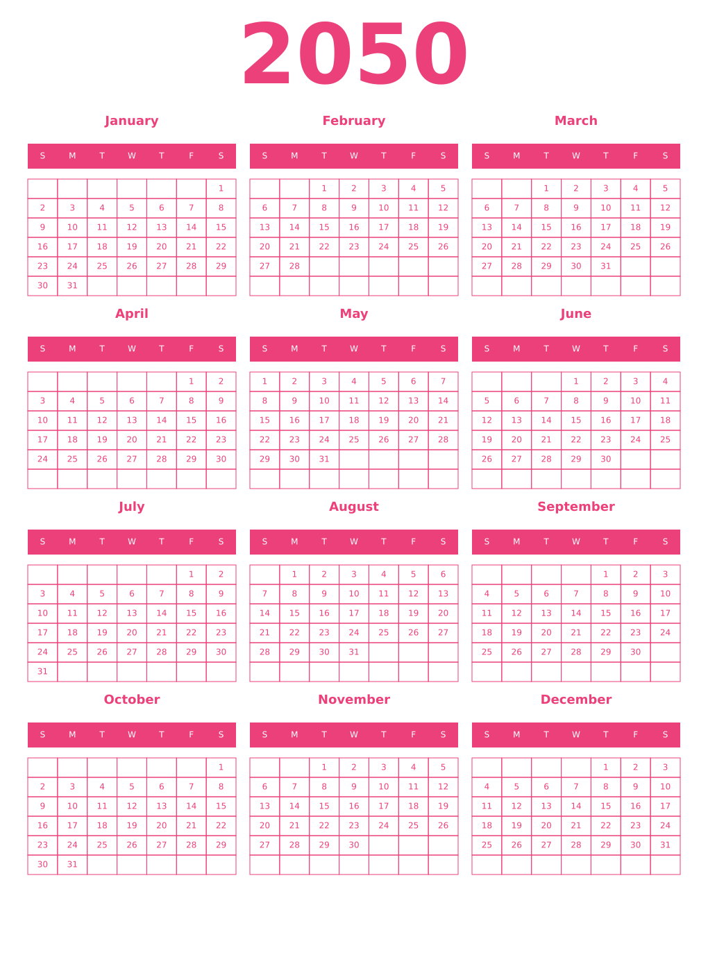 Printable 2050 Year Calendars pink