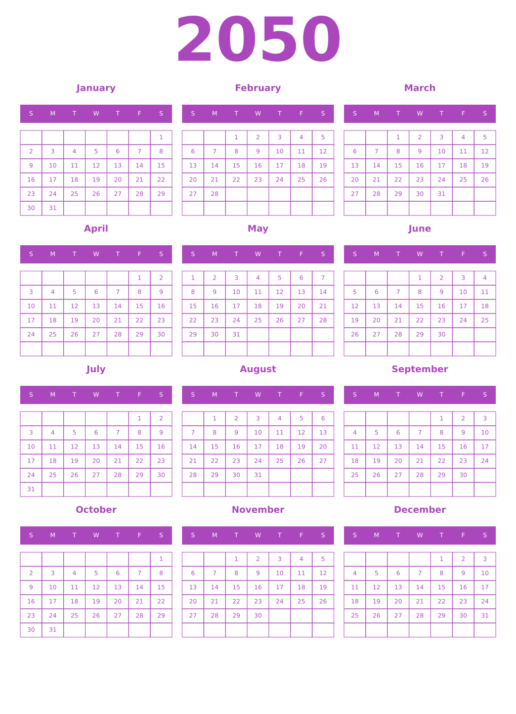 Printable 2050 Year Calendars purple