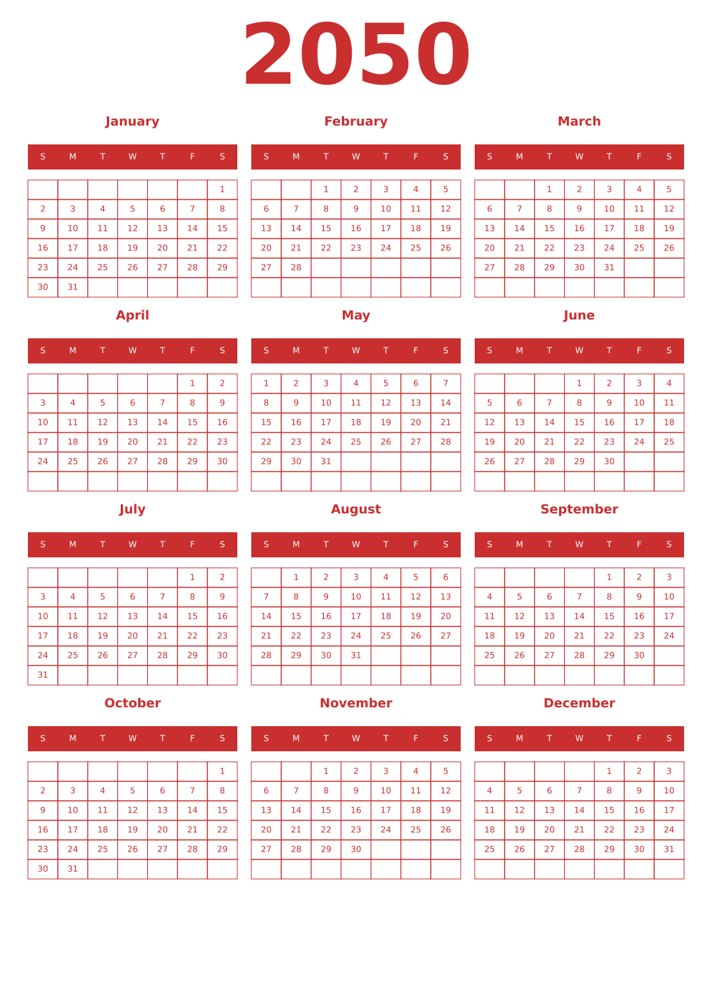 Printable 2050 Year Calendars red