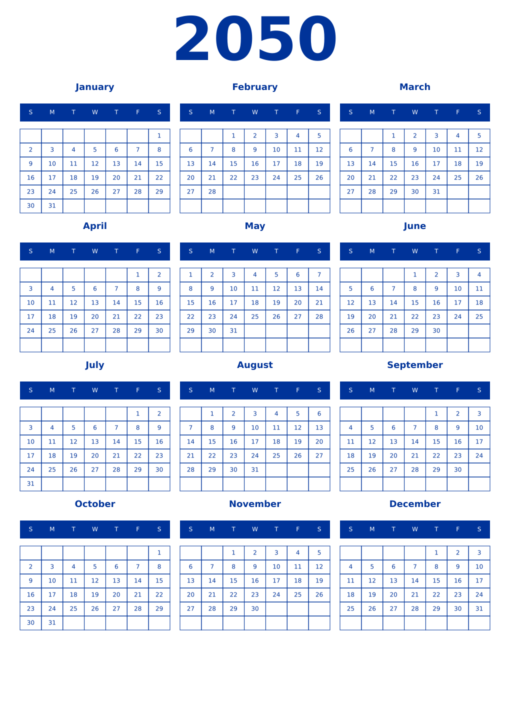 Printable 2050 Year Calendars smalt